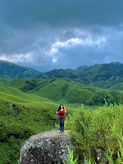 Rolling dwarf-bamboo slopes of Dzukou Valley under low cloud