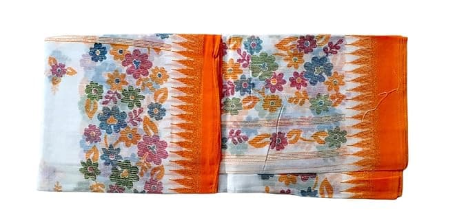 A white Manipuri shawl with an orange temple-point border and multicoloured floral embroidery
