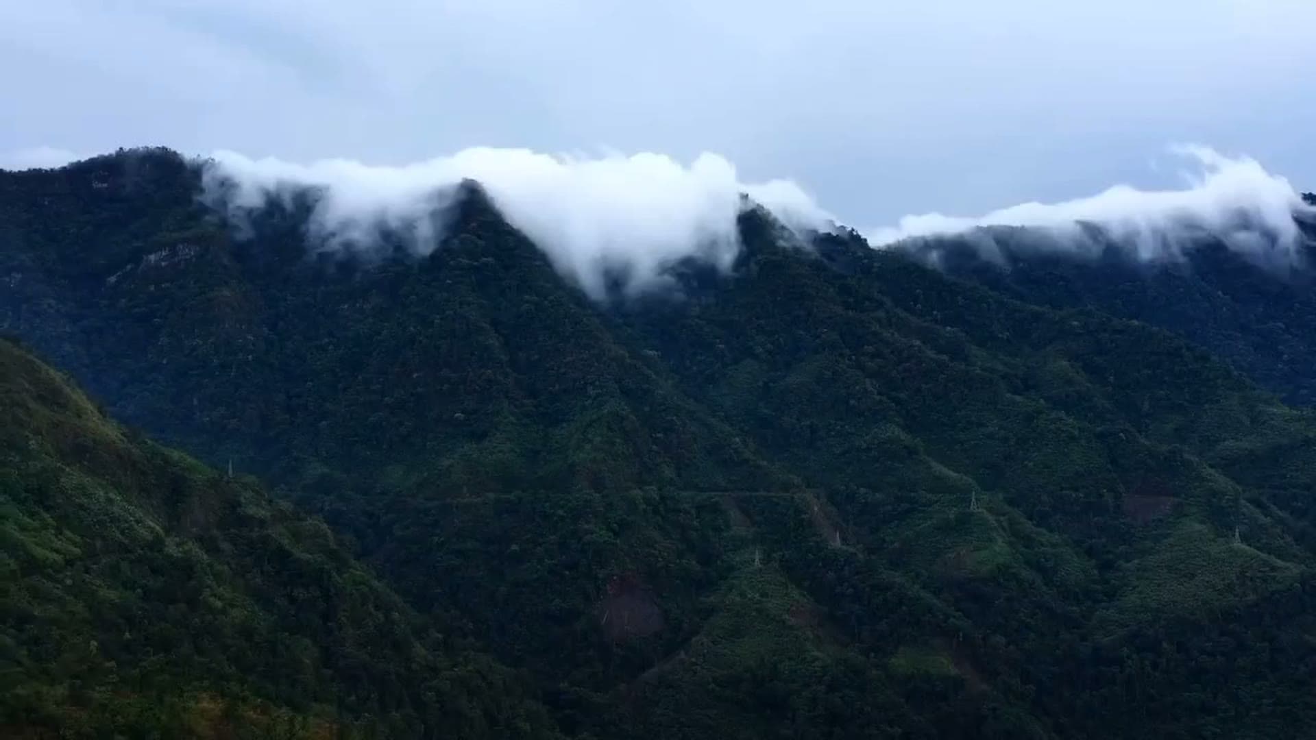 Cloud spilling over a forested ridge in the Manipur hills at first light.